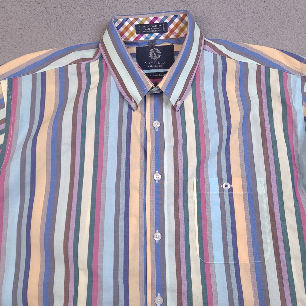 Viyella Shirt Mens Large Pastel Striped Sans Repassage No Iron Contrast Cuff